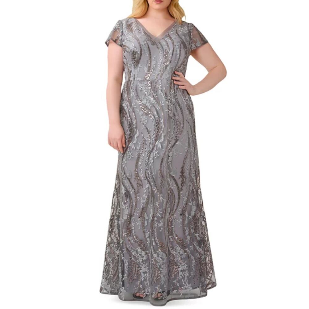 New ADRIANNA PAPELL Gray Sequin Embroidered Gown Size 2X 20W PROM FAST SHIP!